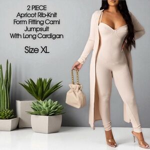 New 2 PIECE Apricot Rib-Knit Form Fitting Cami Jumpsuit With Long Cardigan